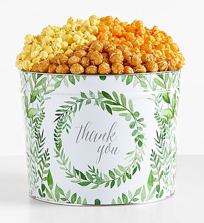 Green Floral Thank You 2 Gallon 3 Flavor Popcorn Tin